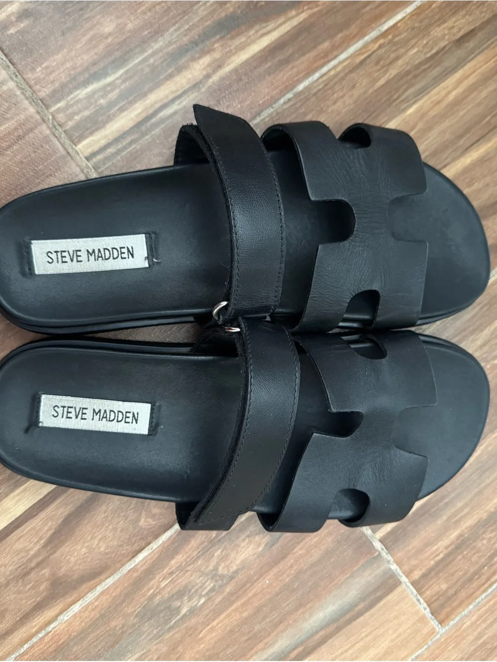 Steve Madden Black Double-Strap Leather Slides